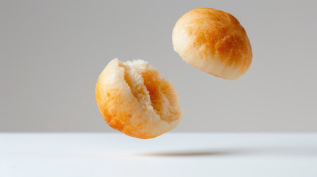 This captivating image features freshly baked bread rolls floating against a minimalist background. Ideal for culinary and food photography, it's perfect for illustrating warmth, comfort, and homemade delights.の素材