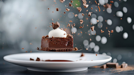 A visually stunning chocolate dessert is captured mid-air, showcasing a perfect combination of whipped cream and chocolate shavings alongside a rich foundation.の素材
