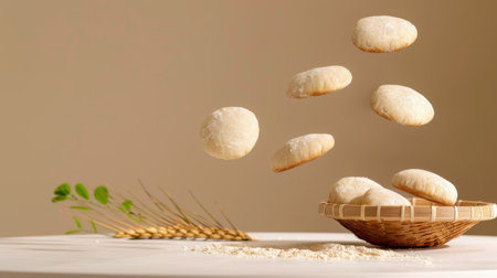 A mesmerizing arrangement of floating round bread pieces above a woven basket filled with flour and wheat, creating a stunning kitchen scene.の素材