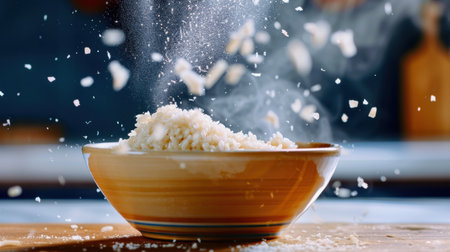 A vibrant bowl of freshly cooked rice sprinkled with seasoning creates a steaming appearance, showcasing culinary artistry and home cooking warmth.の素材