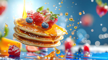 Experience the delightful visual of a stack of fluffy pancakes, artistically drizzled with honey and adorned with fresh berries, creating a vibrant breakfast scene.の素材