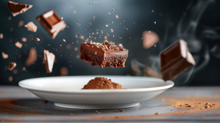 Capture the essence of a decadent chocolate brownie dessert, featuring floating ingredients that enhance its visual appeal and deliciousness.の素材