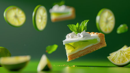 A stunning slice of lime tart, topped with whipped cream and fresh mint, floating against a vivid green background, perfect for culinary imagery.の素材