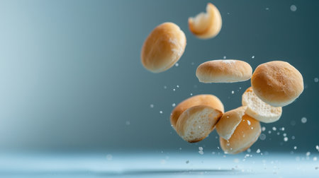 A captivating image of fluffy bread rolls floating gracefully in mid-air against a soft, blurred background. Flour droplets add a touch of culinary magic.の素材