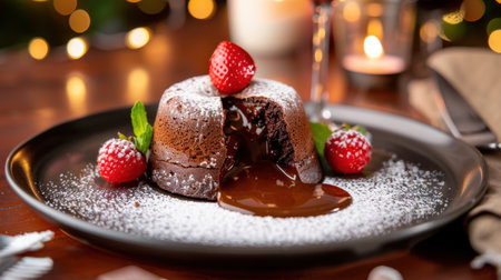 This enticing chocolate lava cake features a rich, gooey center, topped with fresh berries and mint, creating an exquisite dessert perfect for any occasion.の素材