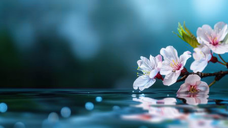 A stunning closeup of a cherry blossom branch delicately resting above reflective water, capturing the serene beauty of nature in a tranquil setting.の素材
