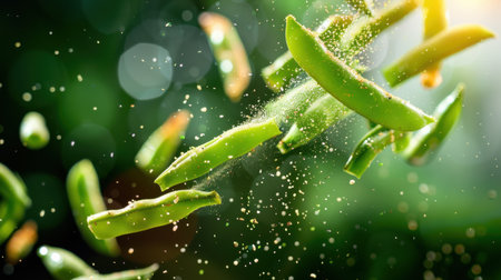 Dynamic portrayal of fresh green peppers in motion, capturing vibrant colors and sparkling elements that evoke freshness and vitality in food preparation.の素材