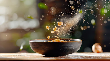 Captivating close-up image depicting grain and flour gracefully falling into a dark bowl, accented by soft natural light and lush greenery, perfect for culinary themes.の素材