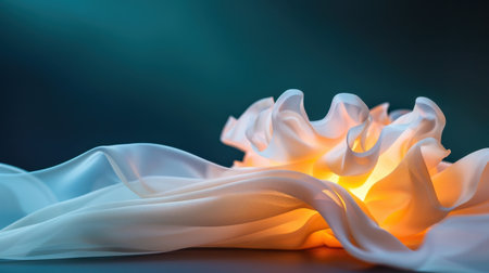A graceful arrangement of delicate white fabric drapes elegantly, illuminated from underneath, creating a soft glow and a serene ambiance. Perfect for artistic concepts and designs.の素材