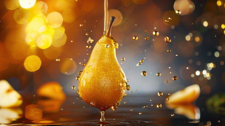 A vibrant pear splashes into water, creating dynamic droplets against a sparkling bokeh background. Perfect for showcasing freshness and vitality in culinary themes.の素材