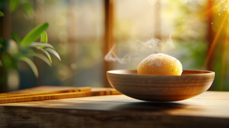 A beautifully arranged freshly steamed golden dough ball sits in a rustic wooden bowl. Soft lighting and natural steam create a cozy atmosphere perfect for evoking warmth and comfort in a kitchen setting.の素材