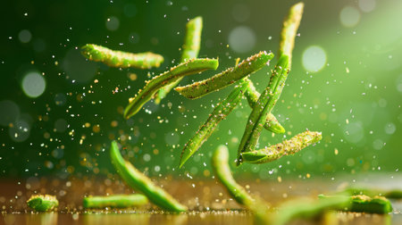 Fresh green beans are captured in midair, surrounded by seasoning and a sparkling background. Ideal for culinary projects showcasing healthy cooking.の素材