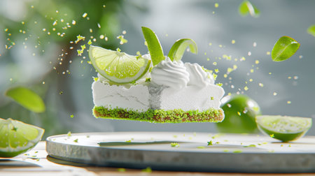 This captivating image showcases a slice of lime cheesecake, artfully suspended above a plate, surrounded by fresh limes and vibrant green garnishes, evoking a sense of freshness and celebration.の素材