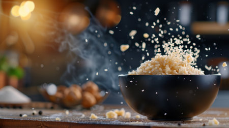 A captivating close-up shot of rice spilling into a bowl, surrounded by a warm kitchen atmosphere, emphasizing the joy of cooking and healthy eating.の素材