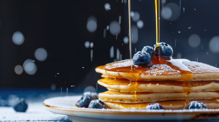 This captivating image features a tall stack of fluffy pancakes drizzled with golden maple syrup and topped with fresh blueberries, perfect for breakfast or brunch.の素材