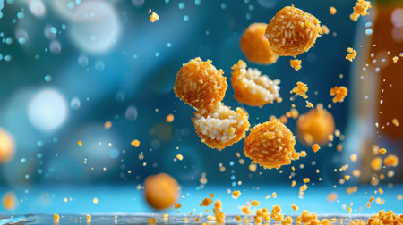 A dynamic image featuring crispy golden snack bites suspended in mid-air, surrounded by colorful sprinkles against a soft blue bokeh background, evoking excitement.の素材