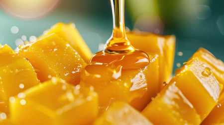 This image showcases vibrant fresh mango cubes topped with a glossy drizzle of honey, creating an appealing tropical food scene perfect for seasonal recipes.の素材