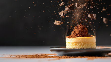 A stunning view of a creamy cheesecake topped with chocolate fragments and cocoa dust, creating an appetizing visual for dessert enthusiasts and food lovers.の素材