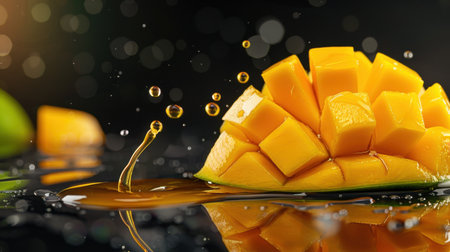 This stunning image features fresh mango slices with glistening droplets on a reflective surface, capturing the essence of tropical delight and freshness.の素材