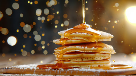 A close-up of a fluffy stack of pancakes drizzled with golden maple syrup, set against a dreamy bokeh background, creating a warm and inviting breakfast scene.の素材