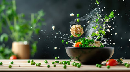 A visually striking image captures the dynamic moment of fresh vegetables and rice splashing in a bowl, set against a blurred kitchen backdrop.の素材