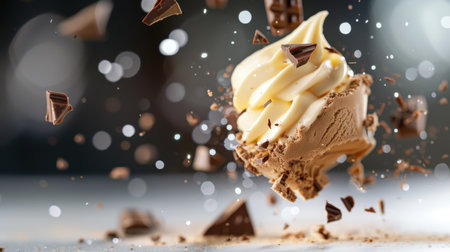 A captivating image of a chocolate ice cream cone topped with creamy swirl and surrounded by flying chocolate fragments, perfect for dessert lovers.の素材