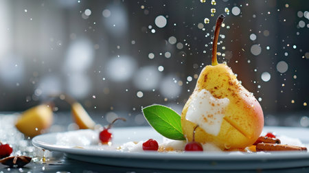 A vibrant yellow pear sits on a plate, topped with cream and cherries, as water splashes create a dynamic and refreshing image, perfect for culinary themes.の素材