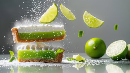 A visually appealing arrangement of lime pie slices suspended mid-air with sugar powder and fresh lime, capturing the essence of sweet culinary art.の素材