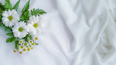 A stunning arrangement of white daisies and small flowers on a soft white fabric background captures the essence of spring beauty and freshness.の素材