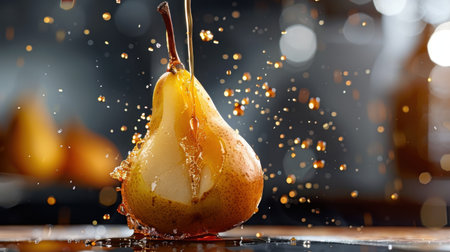 A vibrant, close-up shot of a fresh pear splashing in golden juice, capturing dynamic droplets with a sparkling background. Perfect for food themes.の素材