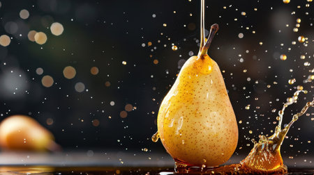 A captivating image of a fresh pear drizzled with syrup, creating a beautiful splash of water. The blurred lights in the background enhance its fresh and gourmet appeal, making it ideal for food-related themes.の素材