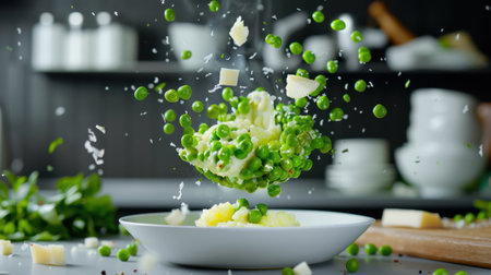A stunning image capturing the moment fresh green peas cascade over creamy mashed potatoes in a chef's kitchen, showcasing vibrant colors and textures.の素材