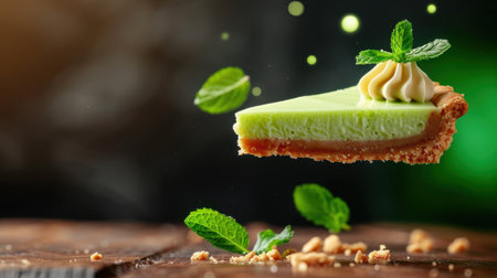 A vibrant slice of lime dessert floats delicately above a rustic wooden table, adorned with fresh mint leaves and a dollop of cream, evoking taste and freshness.の素材