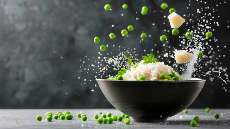A visually striking image showcasing a bowl of rice surrounded by fresh green peas. The culinary splash adds a dynamic element, emphasizing freshness and flavor.の素材