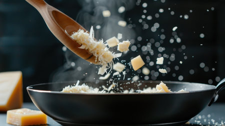 A dynamic scene featuring grated cheese in mid-air as it is added to a sizzling pan, creating an enticing culinary moment. The steam and motion capture the excitement of cooking.の素材