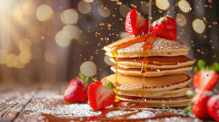A mouthwatering stack of fluffy pancakes topped with fresh strawberries and drizzled with rich maple syrup, creating an inviting breakfast scene.の素材