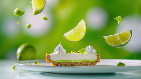 A delicious lime pie slice boasts creamy layers and a fresh lime flavor, surrounded by floating lime slices and whipped cream, offering a delightful culinary image.の素材