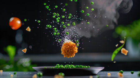 Captivating food scene featuring floating green peas, a ripe tomato, and ingredients creating a dynamic visual experience on a dark surface.の素材