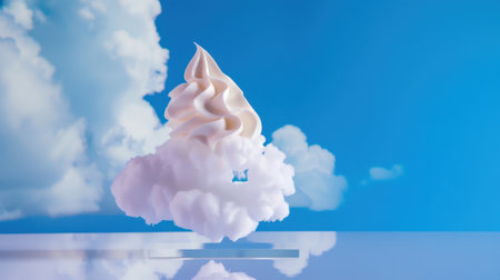 This enchanting image features soft serve ice cream perched delicately on a fluffy cloud, set against a vibrant blue sky, creating a whimsical scene.の素材