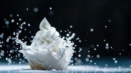 A vibrant image showcasing creamy soft serve ice cream with splashing milk droplets, capturing a dynamic food scene full of texture and visual appeal.の素材