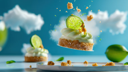 Enjoy a captivating image of a whimsical dessert featuring a lime garnish surrounded by floating clouds. This bright and playful scene evokes freshness and creativity.の素材