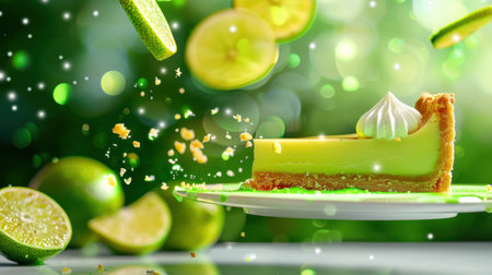 Captivating image of a lime tart elegantly presented on a plate, decorated with whipped cream and vibrant limes, creating a sense of delightful freshness and celebration.の素材