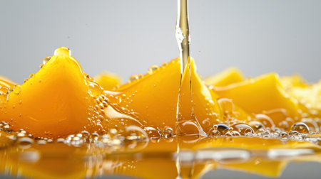 This stunning close-up captures the vibrant yellow mango slices drizzled with golden syrup, adorned with delicate bubbles, creating an inviting and fresh look.の素材