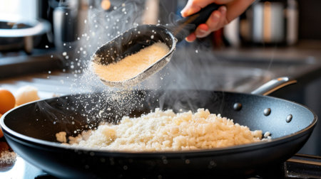 A dynamic shot capturing a hand sprinkling white powder over a mix in a black skillet, showcasing the art of cooking in a stylish kitchen setting.の素材