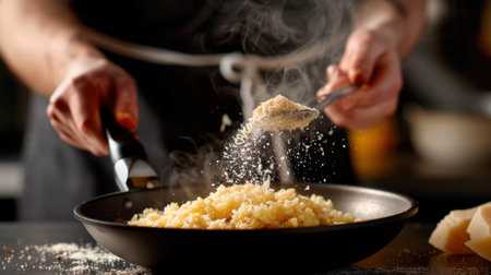 A skilled chef expertly sprinkles grated cheese over a delicious pasta dish, capturing the essence of culinary artistry in a modern kitchen environment.の素材