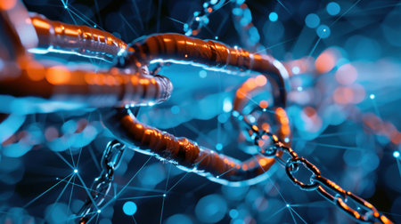 This abstract image showcases interconnected metallic chains with a blend of blue and orange glow, representing connectivity and technology in a digital setting.の素材