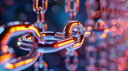 This image showcases a close-up view of metallic chains featuring a reflective texture and a vibrant bokeh effect in the background, symbolizing strength and connection.の素材