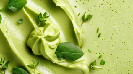 This image showcases a smooth, creamy avocado spread artistically placed with fresh green herbs on a light green surface, perfect for health-focused culinary projects.の素材