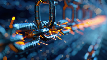 This striking image captures an intricate close-up of metal chains creating sparks, showcasing the dynamic energy of industrial machinery in action.の素材