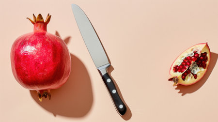 This image features a vibrant pomegranate placed next to a sharp knife, with a slice revealing its juicy red seeds. Perfect for showcasing healthy ingredients.の素材